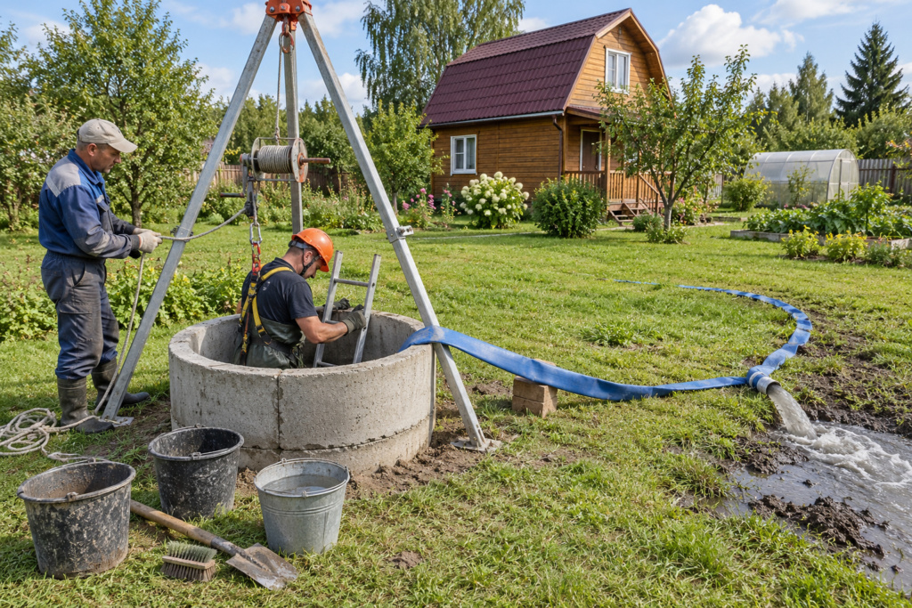Чистка колодца на даче: откачка воды дренажным насосом, мастер спускается в шахту на страховке