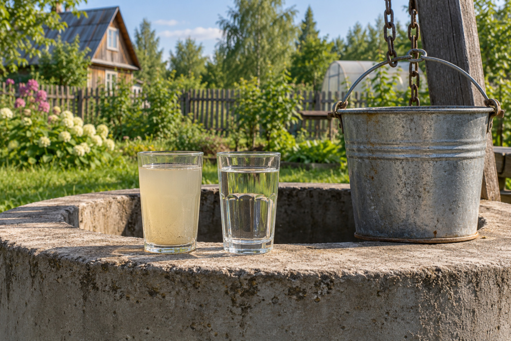 Мутная вода из колодца в стакане рядом со стаканом чистой воды на крае колодца
